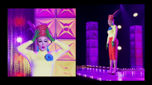 Sasha Velour in her rainbow she better do takes off her crown to reveal a house on her head.