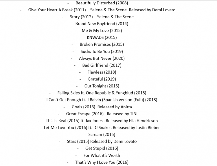 Unreleased selena gomez songs full list (Registered or known songs that never leaked).png